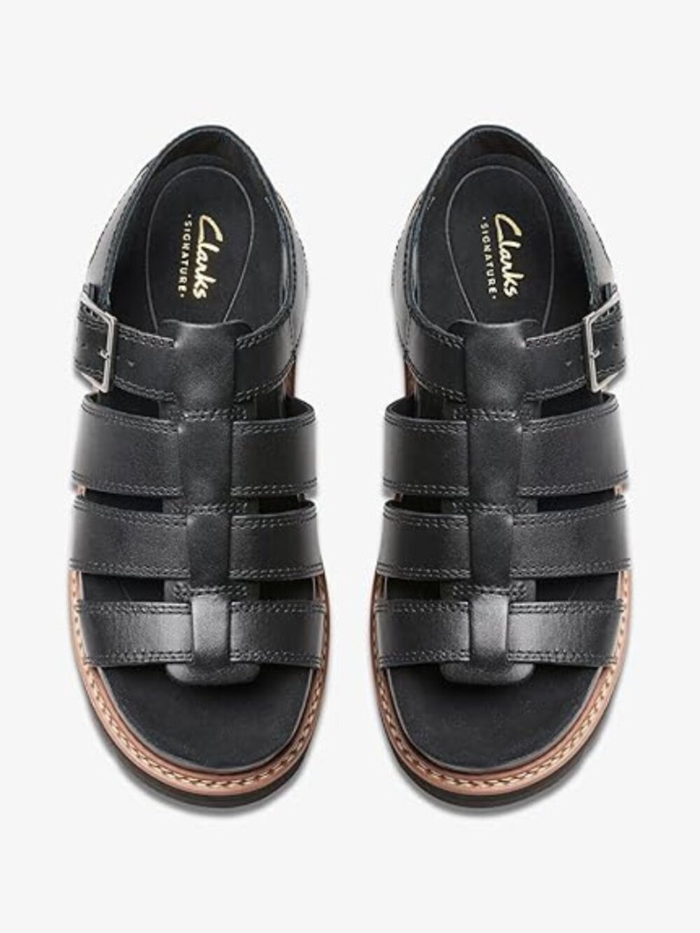 Clarks Black Leather Fisherman Sandals with Brown Trim